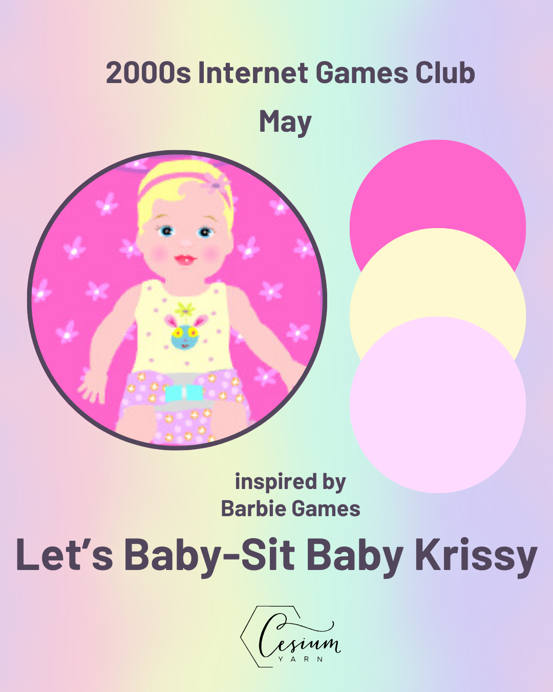 An illustration of Barbie character Krissy and color swatches in Barbie pink, butter yellow, and baby pastel pink.