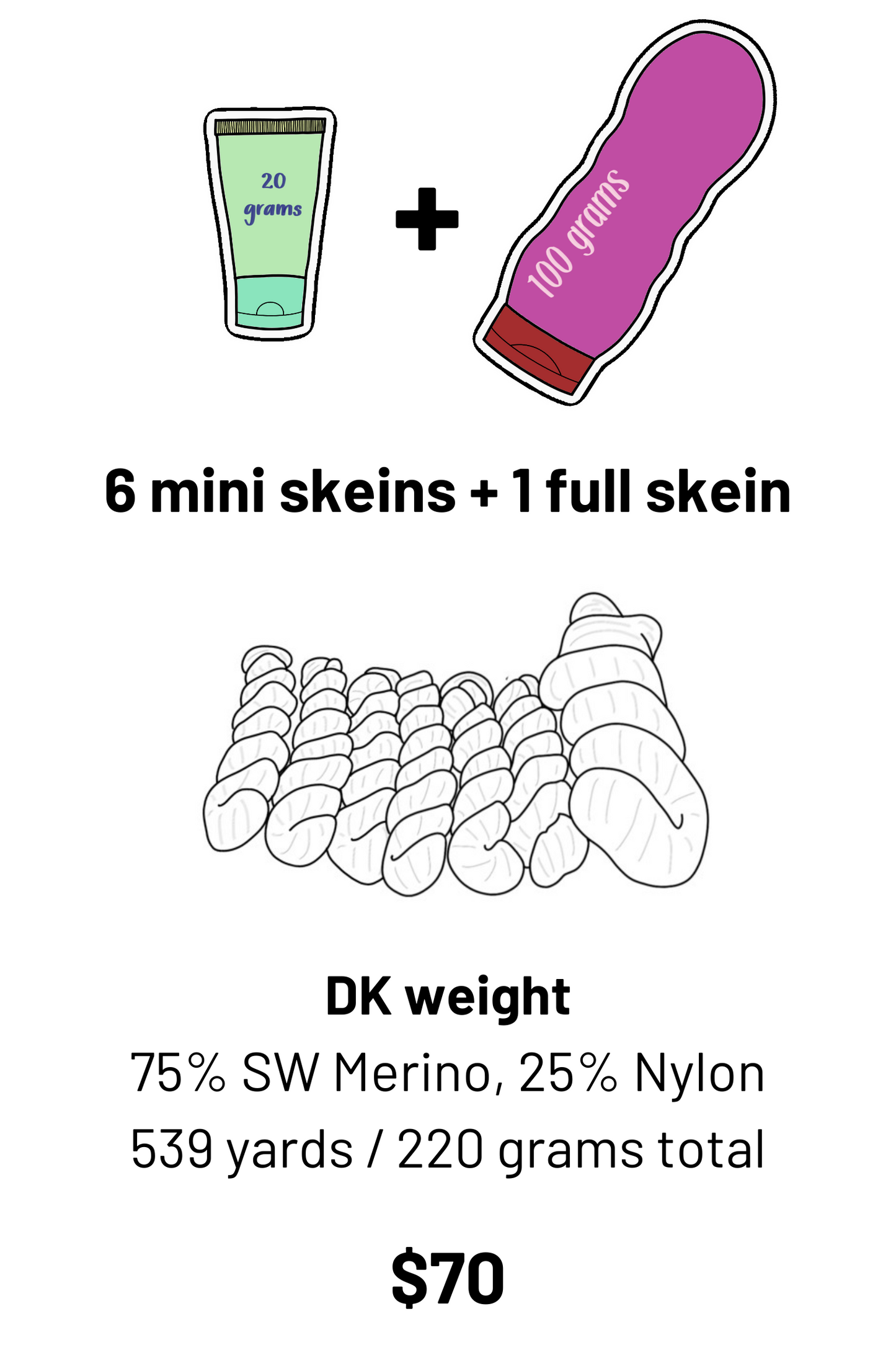 6 mini skeins and one full skein