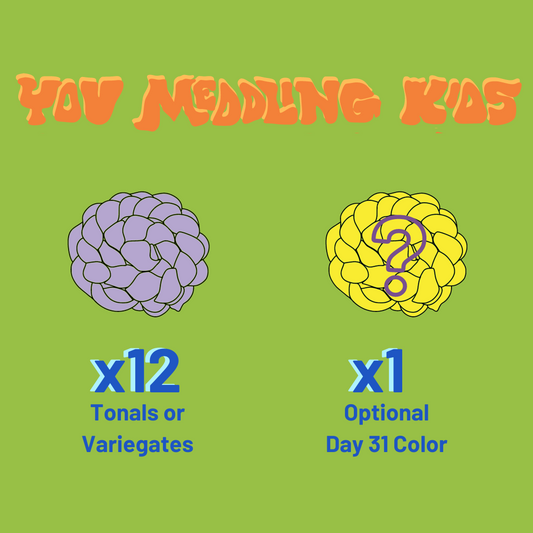 You Meddling Kids includes twelve fiber bumps, either in tonals or variegates, and the option to include the day 31 color.