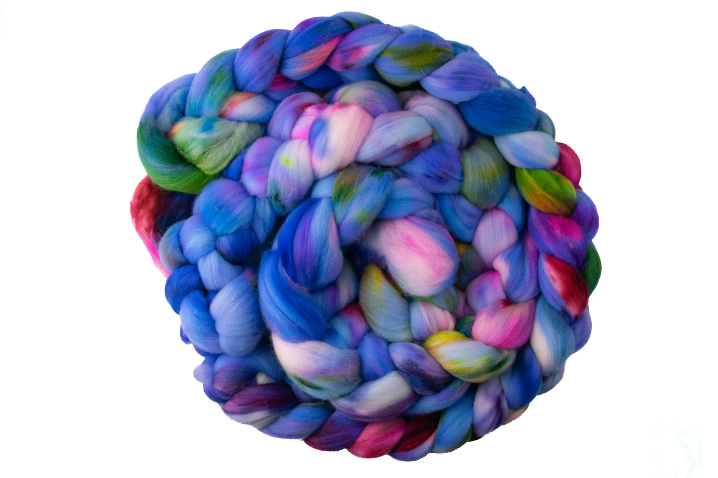 A braid of brightly colored spinning fiber on a white background.
