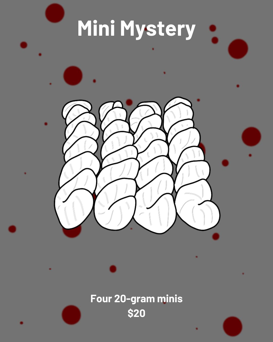 An illustration of four mini skeins of yarn. Text: Mini Mystery. Four 20-gram minis. $20.