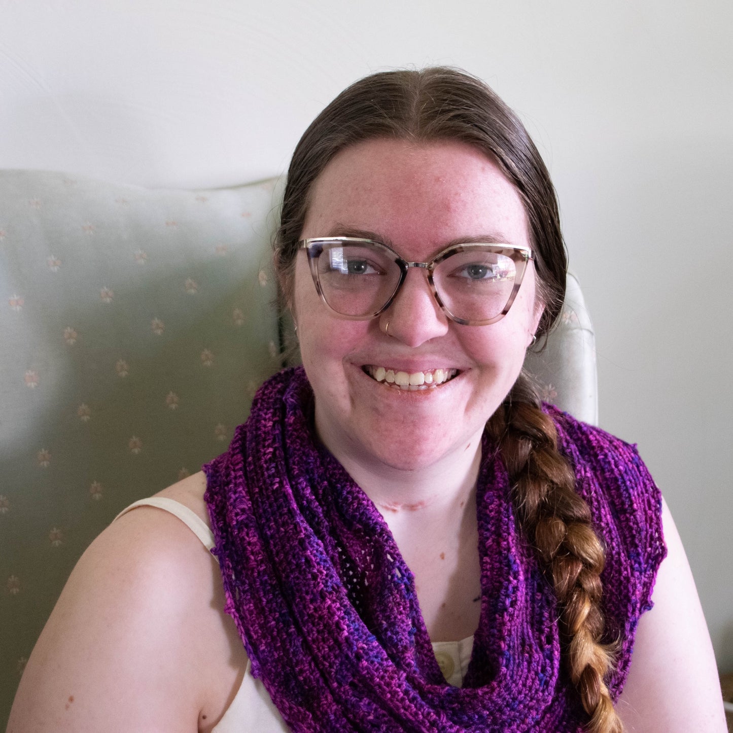 Cat smiles at the camera while wearing her Sally cowl.