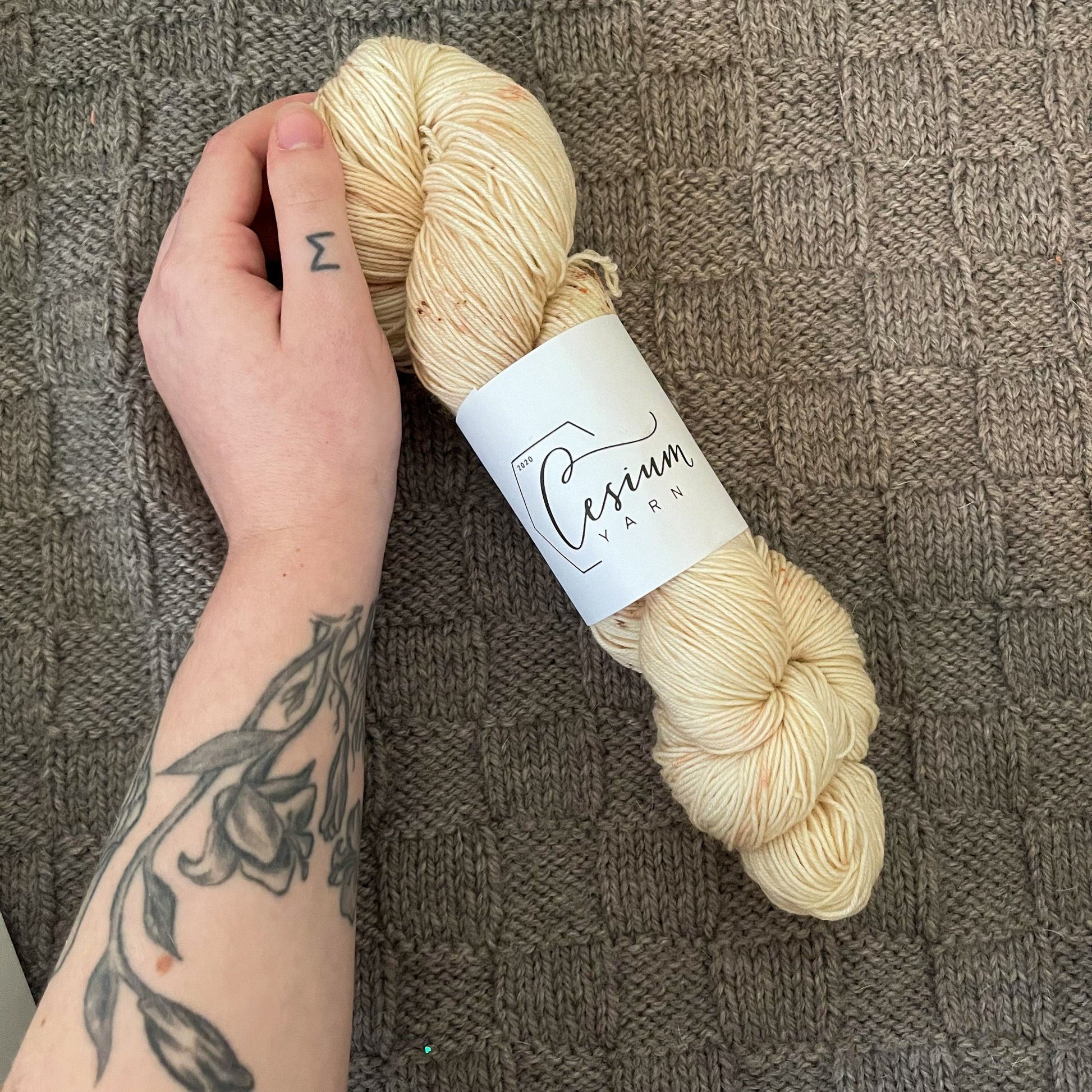 Cat holds a skein of tan hand-dyed yarn with brown speckles.