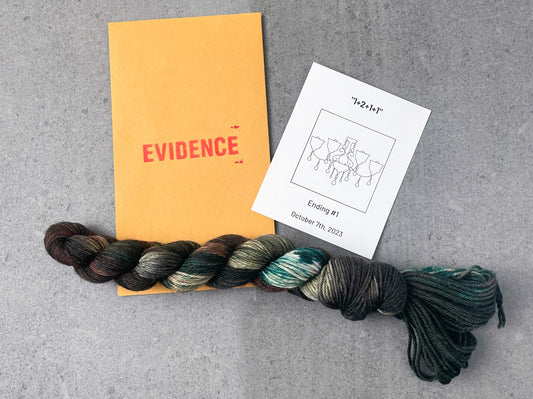 A skein of brown, green, and tan yarn on top of an envelope stamped with "Evidence" and a card with a drawing of a chandelier on it.