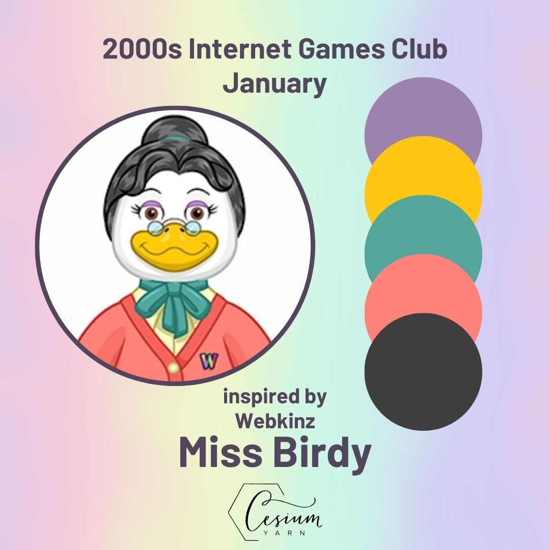 A rainbow background with an illustration of Webkinz character Miss Birdy and five color swatches: purple, yellow, green, pink, and gray.