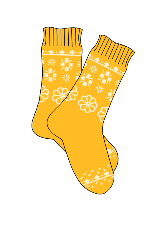 An illustration of a pair of yellow socks with various white floral and geometric patterns on the ankles and toes.