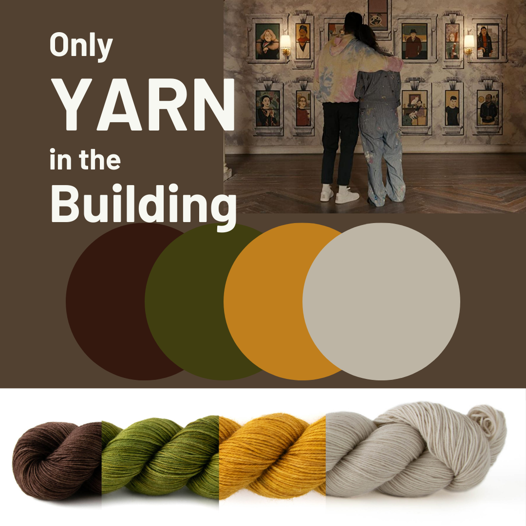 A screenshot of Mabel's mural, color swatches, and pictures of each yarn colorway. Brown, green, yellow, and ivory.