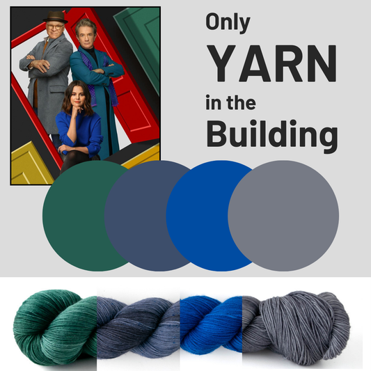 A promo shot of the actors, color swatches, and pictures of each yarn colorway. Teal, navy, electric blue, and gray.