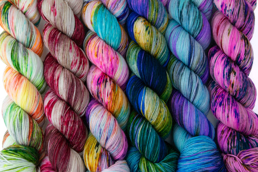 Each of the variegated colorways in the Mamma Mia collection lined up.