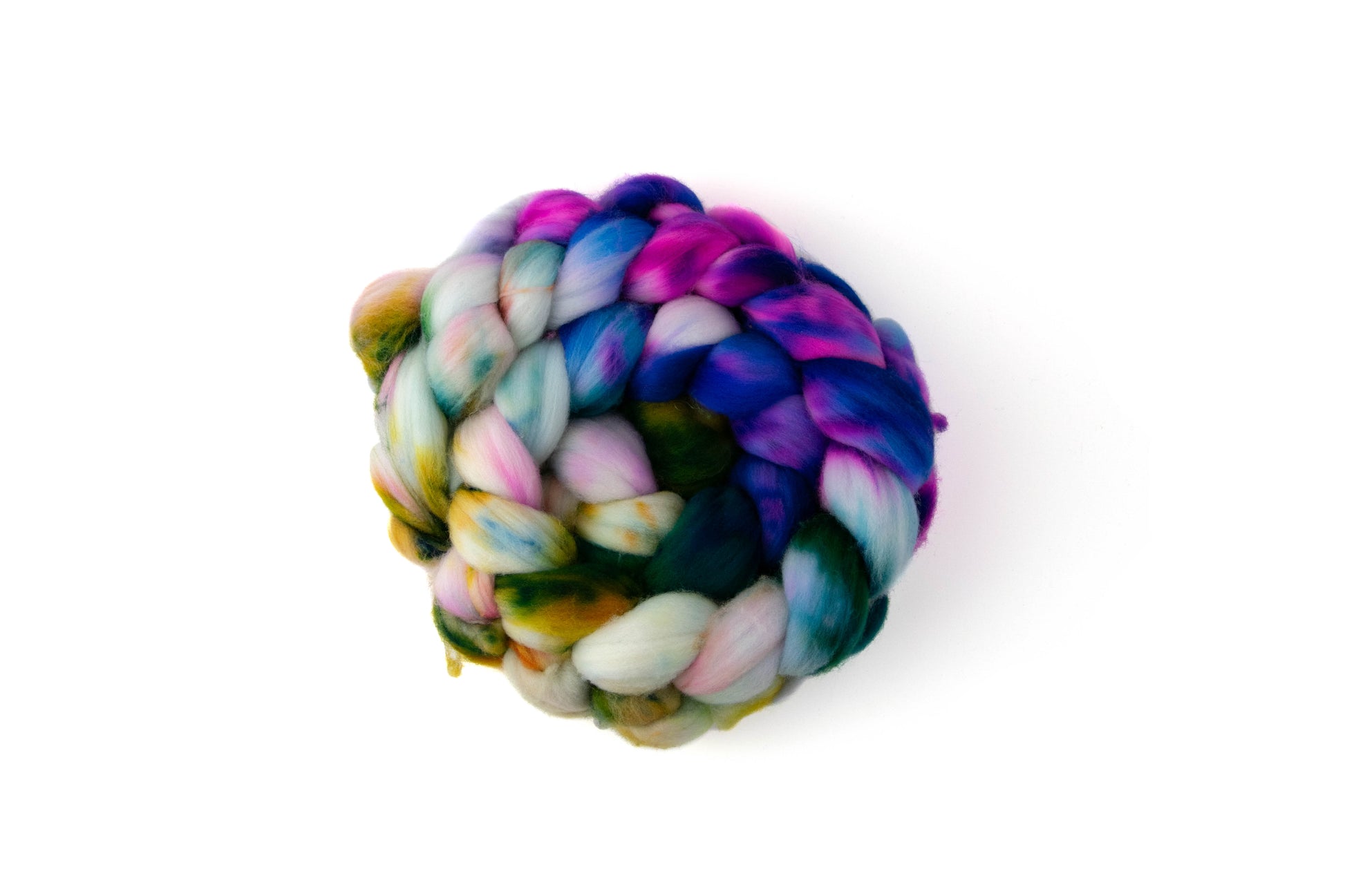A braid of fiber with blue, pink, purple, yellow, green, and white.