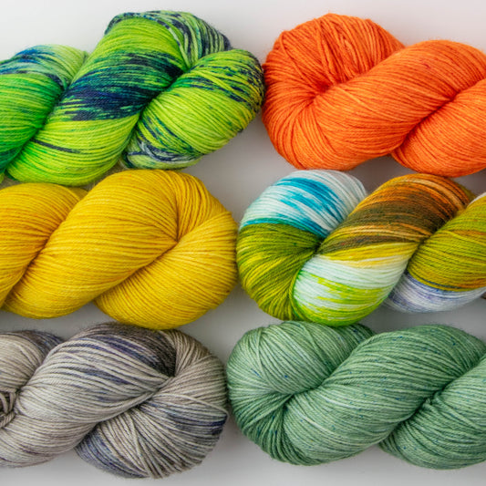 Six bright colorways of yarn laid out in a grid.