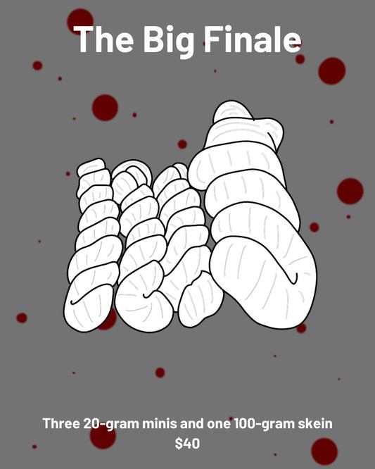 An illustration of three mini skeins of yarn and one full skein. Text: The Big Finale. Three 20-gram minis and one 100-gram skein. $40.