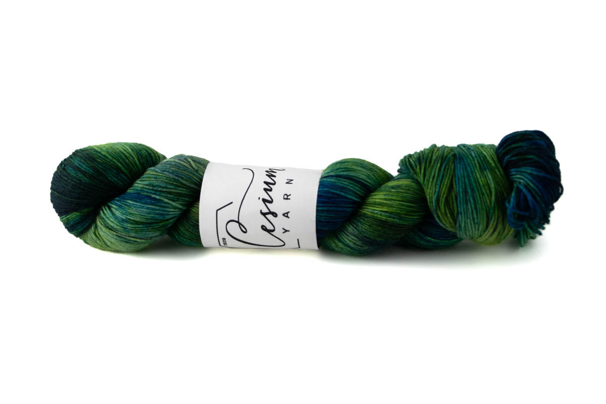 A green and blue variegated skein of hand-dyed wool yarn.