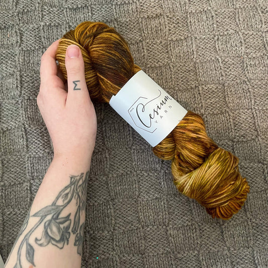 Cat holds a skein of brown speckled hand-dyed wool yarn.