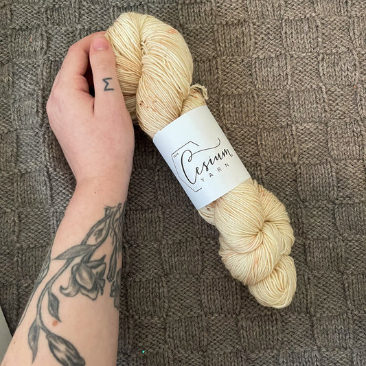 Cat holds a skein of tan hand-dyed yarn with brown speckles.