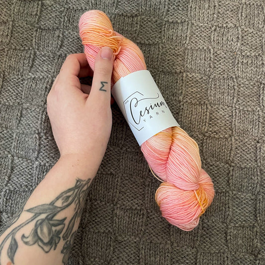 Cat holds a skein of pink and orange variegated hand-dyed wool yarn.