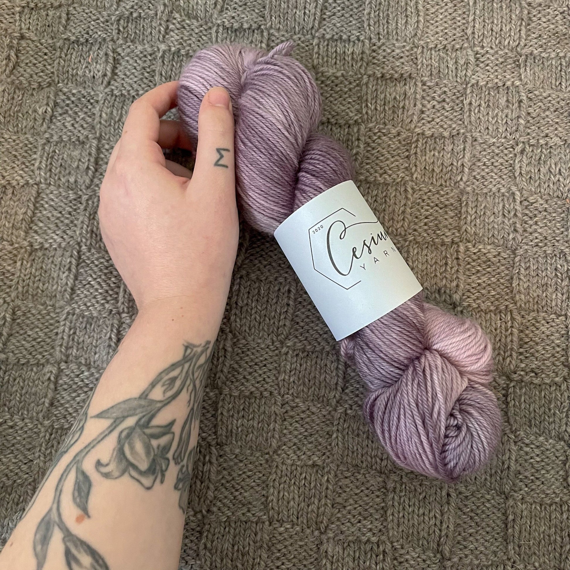 Cat holds a skein of tonal purple hand-dyed yarn.