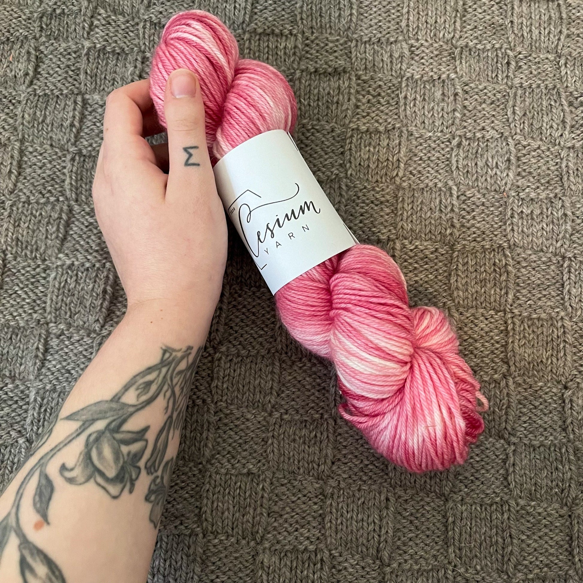 Cat holds a skein of pink and white hand-dyed yarn.