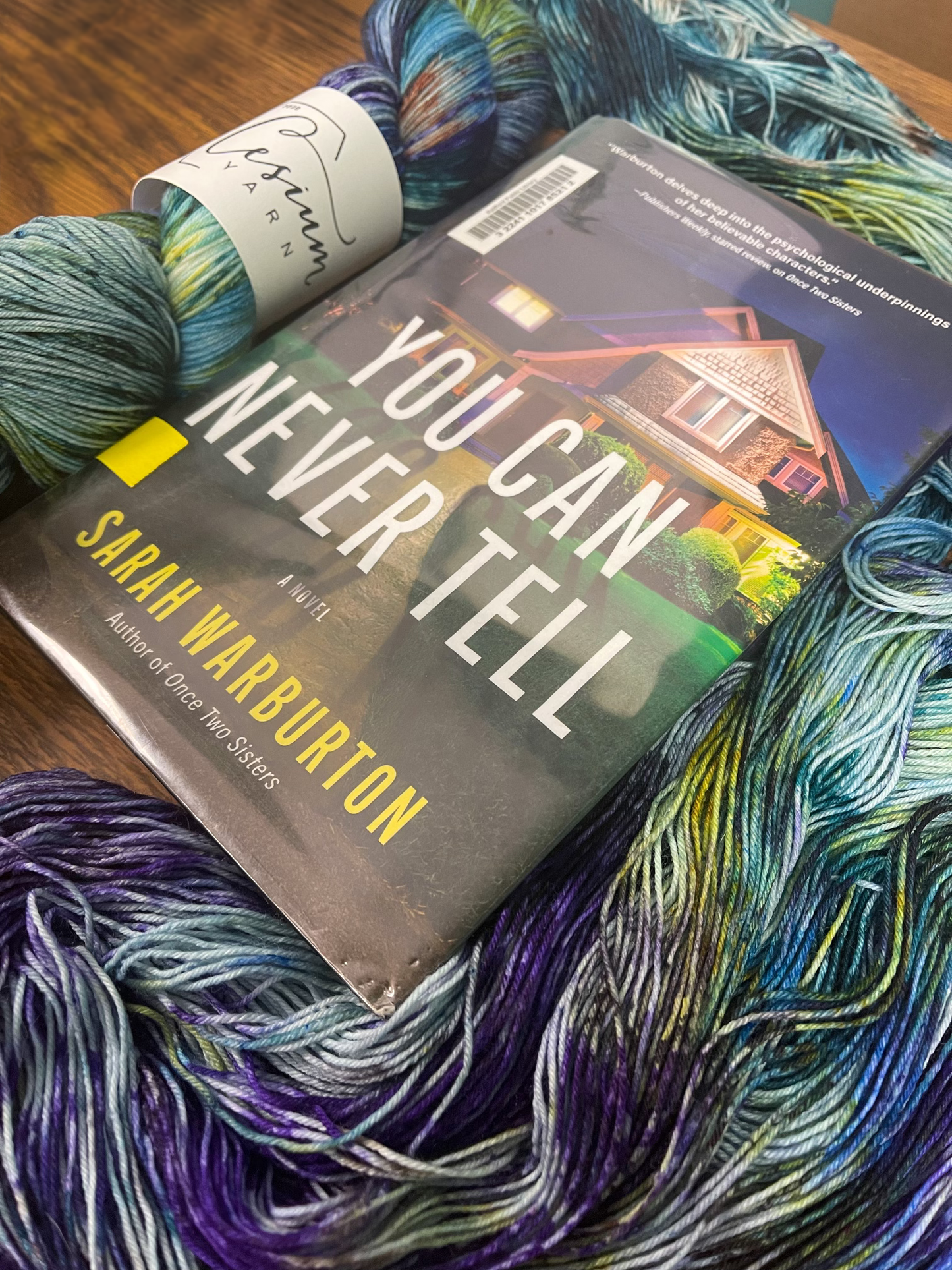 Two skeins of moody wool yarn arranged around a library copy of You Can Never Tell by Sarah Warburton